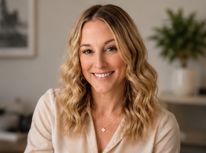 Sara Ann Straw smiling at home in warm natural light