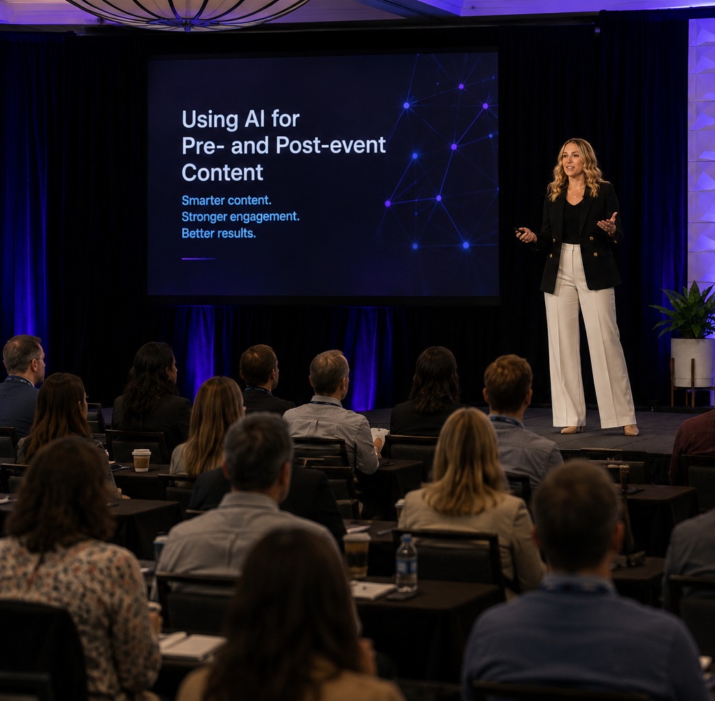 Sara Ann Straw speaking on stage about using AI for pre- and post-event content